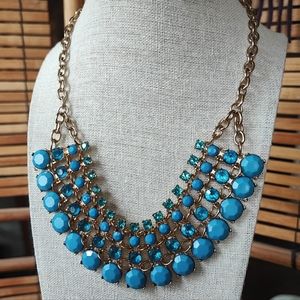 Azure Blue Rhinestone and Acrylic Bib Necklace Vintage Turquoise Color Gold Tone